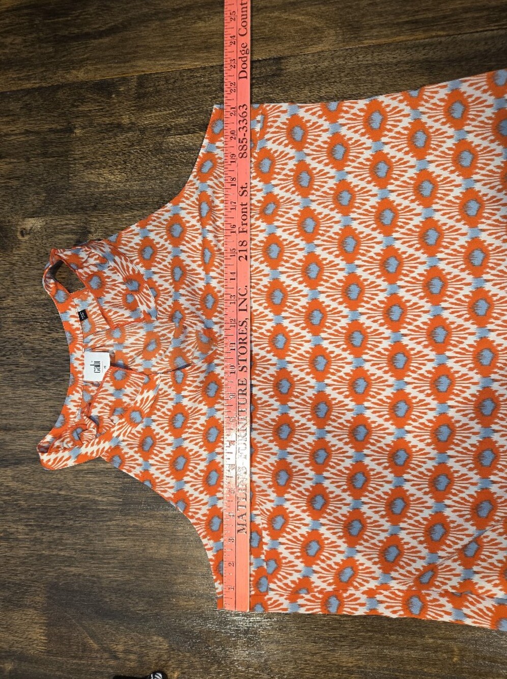 CAbi Orange and Light Blue Printed Ruffle V- Neck Tank - Picture 8 of 8